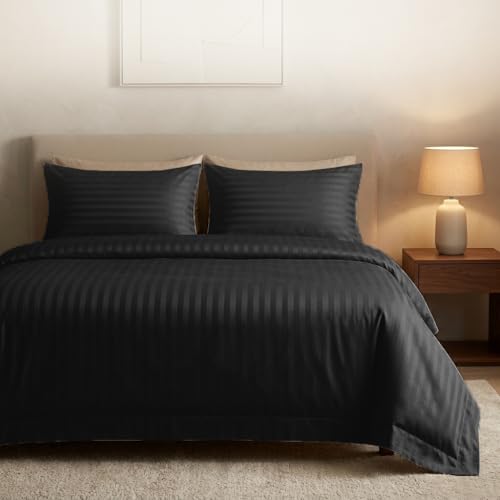 Casabella Satin Stripe Duvet Cover Sets, Luxurious Double Black Bedding with Satin Stripes,Double Duvet Cover Set,Hotel Quality Double Duvet Set & Pillowcases, Black Duvet Cover