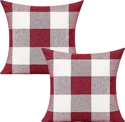 VAKADO Set of 2 Red and White Buffalo Check Cushion Covers Farmhouse Plaid Decorative Square Burgundy Cushion Cases 18x18 Inches for Sofa Couch Bedroom Christmas Valentine Home D??cor