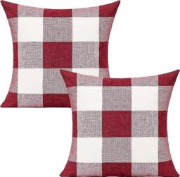 VAKADO Set of 2 Red and White Buffalo Check Cushion Covers Farmhouse Plaid Decorative Square Burgundy Cushion Cases 18x18 Inches for Sofa Couch Bedroom Christmas Valentine Home D??cor