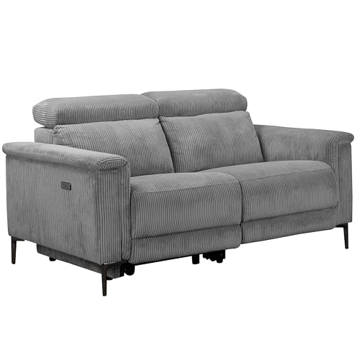 Lund - 2 Seater Sofa with 1 Electrical Recliner Grey Corduroy, 160 x 100 x 97cm (W x D x H)