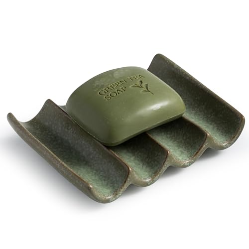 Cormomu Draining Ceramic Soap Dish - Fluted Design, Bar Soap Holder for Shower & Bathroom, Soap Saver Sponge Lift, Green