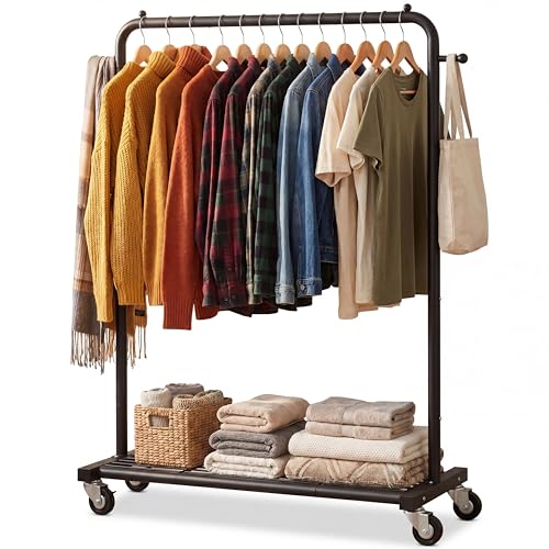 "Sywhitta Clothes Rack on wheels, Clothing Rack with Bottom Mesh Storage Shelf,Sturdy Metal Frame,Rolling Garment Rack for Hanging Clothes,Coats,Skirts,39.76"" L x 16"" W x 64.56"" H,Black"