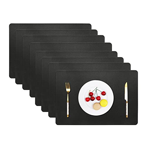Vinjiasin Placemats Set of 8 Black Leather Place Mats for Indoor Outdoor Kitchen Dining Table Mats Waterproof Wipeable Heat Resistant Easy to Clean Sturdy Reversible Decorations