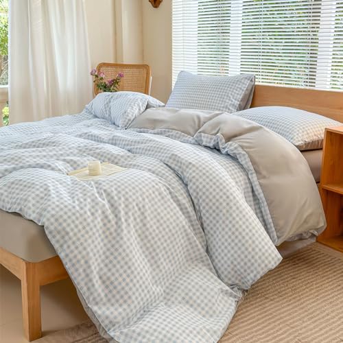 NSNLGSGC Light Blue Gingham Duvet Cover Set, Twin - Blue Grid Simple Geometric Square Pattern, Soft Plaid, Washed Microfiber, 2PCS