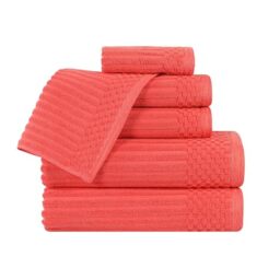 Superior Cotton 6-Piece Solid and Ribbed Towel Set, Face Towels 13” x 13”, Hand Towels 16” x 28”, Bath Towels 27” x 54”, Coral