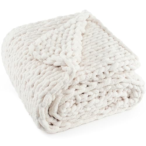 "LONG CREATE Chunky Knit Throw Blanket 50""X 60"", 100% Handmade with Soft Chenille Yarn, 4.4lbs Thick Cable Knitted Blankets, Large Rope Knot Crochet Throws for Couch Sofa Bed Home Decor, Cream White"