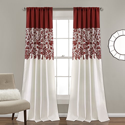 "Lush Decor, Red Estate Garden Print Curtains Room Darkening Window Panel Set for Living, Dining, Bedroom (Pair), 95” x 52, 95"" x 52"""