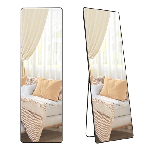 SONGMICS Full Length Mirror, 160 x 50 cm, Rectangle Full Body Mirror with Stand, Aluminium Alloy Frame Floor Mirror, Tempered Glass, for Bedroom, Living Room, Cloakroom, Ink Black LFM030B01