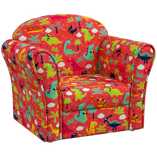 AIYAPLAY Kids Sofa Chair, Toddler Armchair with Dinosaur Design, Wooden Frame, Upholstered Toddler Chair for Bedroom, Playroom, Kids Room - Red