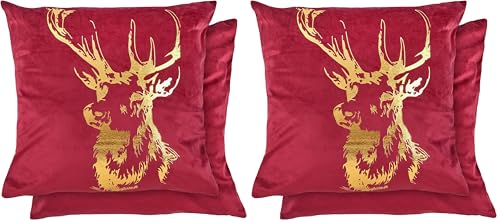 Emma Barclay Velvet Stag - Large Soft Plush Velvet Cushion Cover with Foil Print in Red Bordeaux - 22x22 (55x55cm) (Pack of 2)