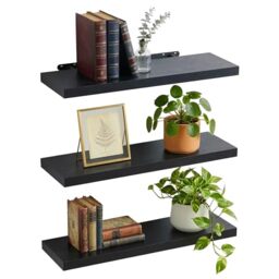Relaxdays wall shelf, set of 3, HxBxT: 4 x 80 x 23 cm, wood-effect, metal, for living room, hallway, kitchen, black