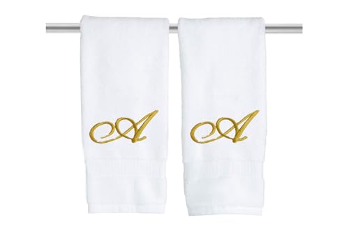 Decorvo White Monogrammed Hand Towels for Bathroom - Luxury Hotel Quality Personalized Initial Embroidered Towel for Powder Room, Spa - GOTS Organic Certified - Set of 2 Gold Letter A