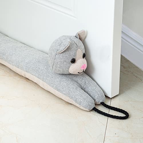 "Marwood Under Door Draught Excluder Decorative Wind Stopper 96cm for Door & Window, Weighted Animal Air Door Draft Stopper Snake Noise Blocker for Bottom of Door with Hanging Loops - Grey Cat 38"""