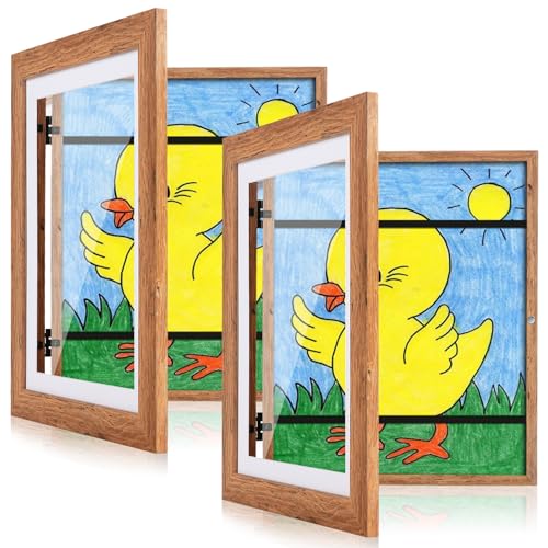 [2 Pack] Kids Art Frames, 10x12.5 Front Opening Kids Artwork Frames Changeable,Dark Woodgrain Artwork Display Storage Frame for Wall, Holds 50 Pcs, for 3D Picture, Crafts, Children Drawing, Hanging