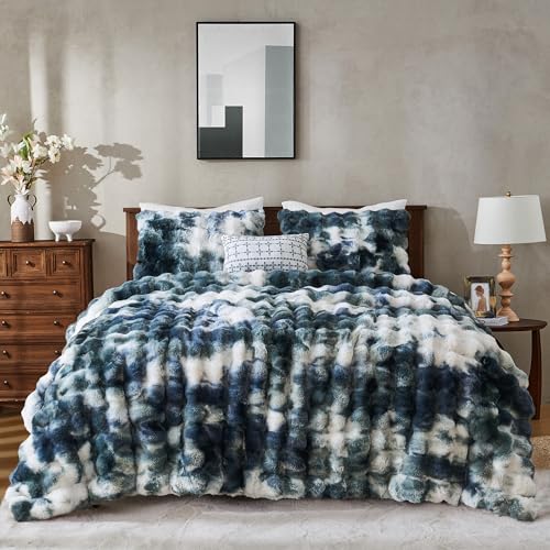 Wonderful 3 Pieces Fluffy Faux Rabbit Fur Bubble Comforter Set Queen Size, Tie-Dyeing Dark Teal Plush Fuzzy Bedding Set, Warm Soft Bubble Comforter Bedding Set for Winter