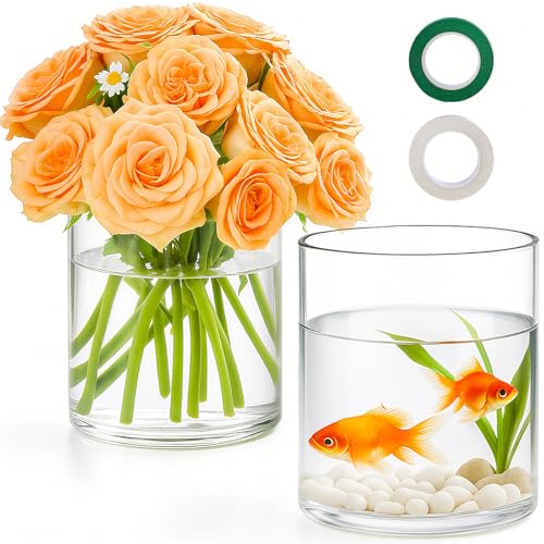 "TBWIND 2Pcs Glass Cylinder Vases for Centerpieces, 6"" x 4.7"" Wide Mouth Flower Vase Hurricane Glass Candle Holders, Clear Vases Bulk with 2 Floral Tapes for Floating Candles Wedding Party Home Decor"