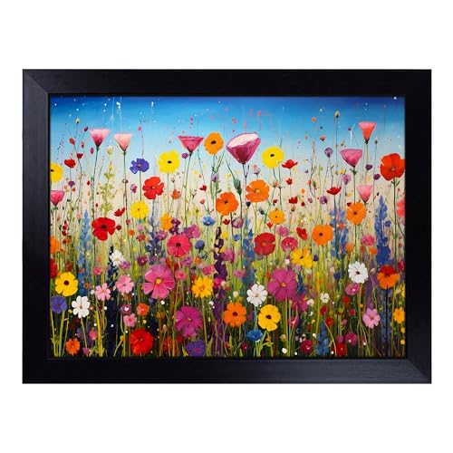 Lap Tray with Bean Bag Cushion, Wildflowers Colour Field - Handmade in the UK, Raised Wooden Edge, Padded Cushion, Heat-Resistant Wipe-Clean Surface, for Meals, Laptops and Crafts