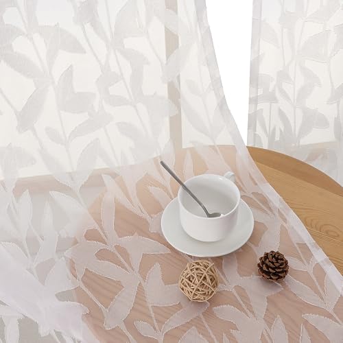 OWENIE Leyna 2 Panels Sheer Ivory Curtains 45 Inch Length, Jacquard Clip Textured Semi Small Window Curtain for Bedroom Living Room, Farmhouse Rod Pocket Leaves Drapes, 40Wx45L Inches