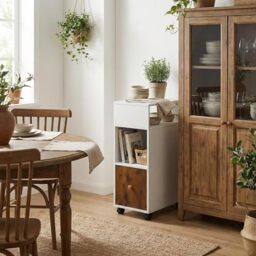 FurnitureR Mobile Coffee Table with Storage Drawer, White and Rustic Brown, 2 Shelves, Narrow Slim Design, 50 x 25 x 68 cm