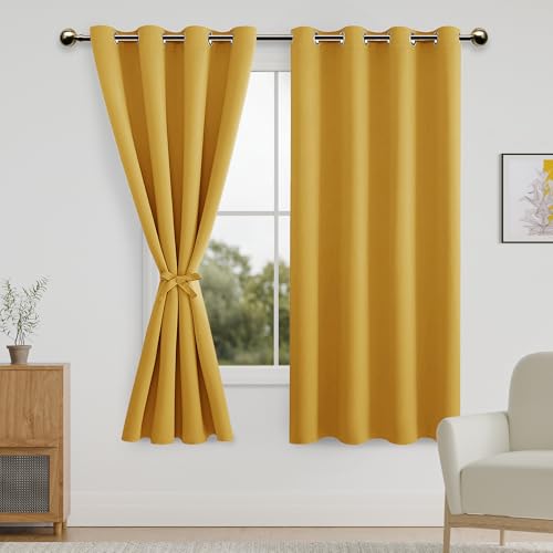 DWCN Blackout Curtains for Bedroom with Tiebacks - Room Darkening Privacy Grommet Top Window Curtains for Living Room, 52 x 63 inch Length, Mustard Yellow, Set of 2 Panels