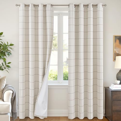 Lajode Plaid Linen Blackout Curtains for Living Room - Farmhouse Gingham Patterned Grommet Modern Cottage Window Treatments Thermal Insulated Boho Rustic Checkered Drapes, 52x84 Inch 2 Panels, Brown