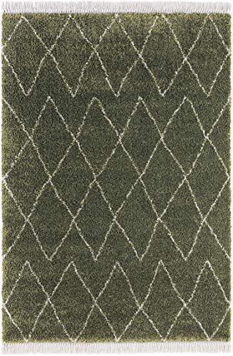 HANSE Home Mint Rugs Desire Rug High Pile Living Room Rug Soft Fluffy Long Pile Shaggy Flokati Skandi Pattern with Fringes for Children's Room Bedroom Kitchen Hallway Olive Green Cream 80 x 150 cm