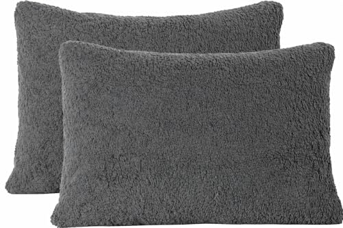 "Reafort Ultra Soft Sherpa Pillowcases Pillow Covers Standard Size 20""x26"" Pack of 2 with Zipper Closure (Charcoal Grey, 20???x26??? Standard Sham)"