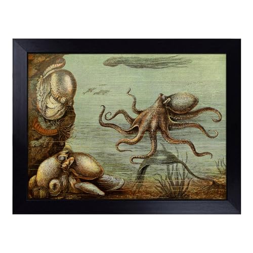 Lap Tray with Bean Bag Cushion, Vintage Natural History Octopus - Handmade in the UK, Raised Wooden Edge, Padded Cushion, Heat-Resistant Wipe-Clean Surface, for Meals, Laptops and Crafts