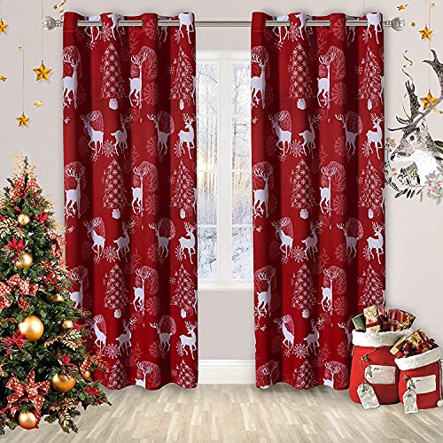 LORDTEX Deer & Snow Print Christmas Curtains for Living Room and Bedroom - Thermal Insulated Blackout Curtains, Noise Reducing Window Drapes, 52 x 108 Inches Long, Red, Set of 2 Curtain Panels