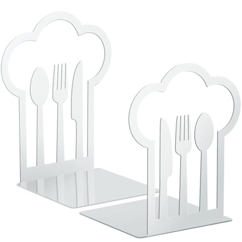 Zonon Metal Bookend, White (1 Pair) - Cookbook Storage with Fork Knife Spoon Design, Prevents Slipping, L-shape Design, Chef's Hat Appearance