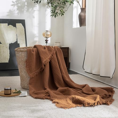 "FOSSA Muslin Blanket 4-Layer 100% Cotton Gauze Blanket with Fringe 66""x90"" - Super Soft Breathable Lightweight All Season & Decforative Blanket for Bed, Sofa, Office"
