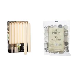 Spaas 14 Tapered Dinner Candles 21/220 mm, ± 8 Hours, Unscented, Ivory & Prices Patent Candles White Tealights Bag, Pack of 50, Wax, l x 3.8cm w x 1.8cm h, Unscented
