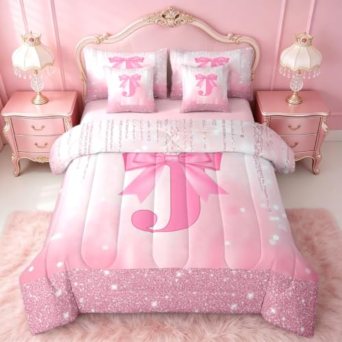 Feelyou Kids Pink Bowknot Bed in A Bag Twin Size, Personalized Initial J Comforter Set with Sheets Princess Glitter 7 Pieces Bedding Set Boys Girls Bow Alphabet Teens Bed Set Bedroom Decor 7Pcs