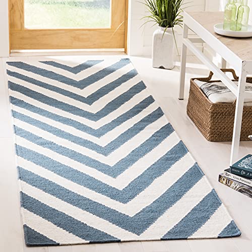Safavieh Contemporary Indoor Flatweave Runner Area Rug, Dhurrie Collection, DHU568, in Blue / Ivory, 76 X 183 cm for Living Room, Bedroom or Any Indoor Space