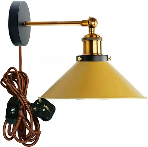 LEDSone Industrial Wall Sconce Adjustable Arm Light dimmer Switch Plug in 22cm Yellow Metal Cone Lamp Shade with E27 Base Wall Lights for Restaurant Office and Indoor Home Decor