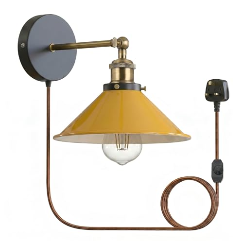 LEDSone Industrial Wall Sconce Adjustable Arm Light dimmer Switch Plug in 22cm Yellow Metal Cone Lamp Shade with E27 Base Wall Lights for Restaurant Office and Indoor Home Decor