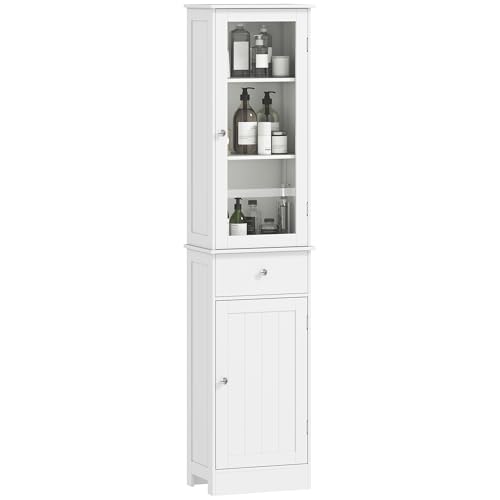 kleankin Bathroom Storage Cabinet with 3-tier Shelf Drawer Door, Floor Cabinet Free Standing Tall Slim Side Organizer Shelves, White
