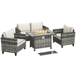 Outsunny 5 Pieces PE Rattan Garden Furniture Set with Gas Fire Pit Table, Loveseat Sofa, Armchairs, Patio Sofa Set with Cushions, Pillows, for Poolside, Grey