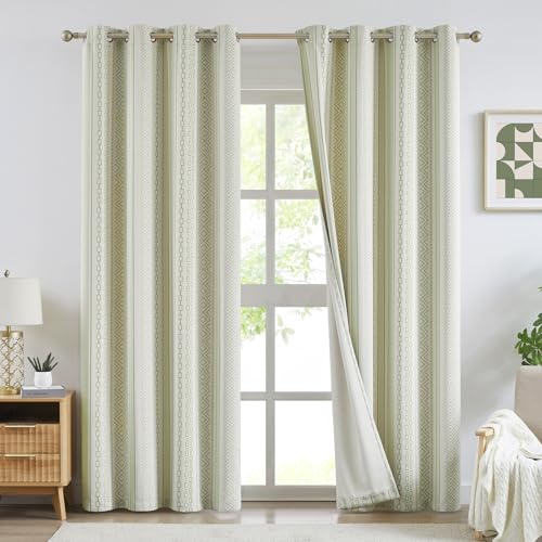 Melodieux 80% Blackout Boho Curtains for Bedroom 84 Inch Length 2 Panels Set, Living Room Darkening Thermal Insulated Geometric Bohemian Patterned Curtains Vintage Cotton Window Drapes, Sage Green