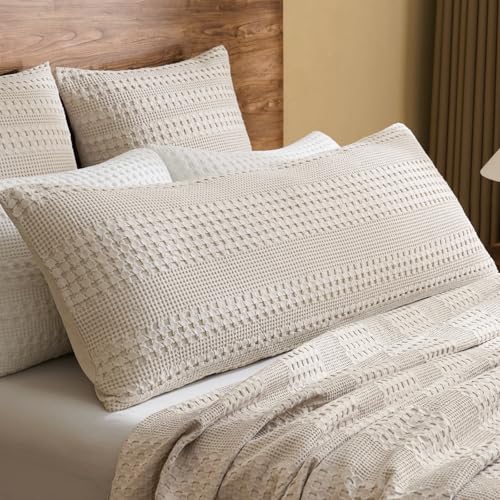 "PHF 100% Cotton Waffle Body Pillowcase with Zipper, 1 Pack 20"" X 54"" Soft Breathable Skin-Friendly Pillow Sham, Decorative Waffle Weave Body Pillow Cover, No Filling, Oatmeal"