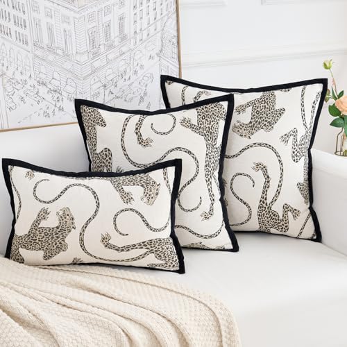 HERAYLI Premium Series, Snow Leopard Throw Pillow Covers, Animal Jacquard Cushion Cases for Home Decor, Chenille Velvet Double-Sided Designs, Cream White, 20 x 20 inch, Covers Only
