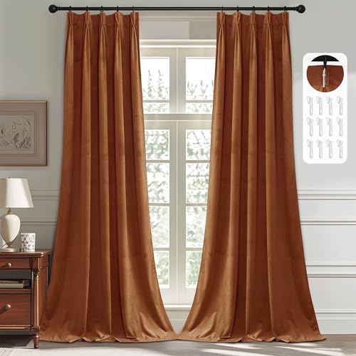 StangH Burnt Orange Terracotta Pinch Pleated Curtains 84 Inch 2 Panels - 300GSM Soft Velvet, Room Darkening with Privacy, Thermal Insulated, Holiday Fall Decor, for Bedroom, W38 x L84