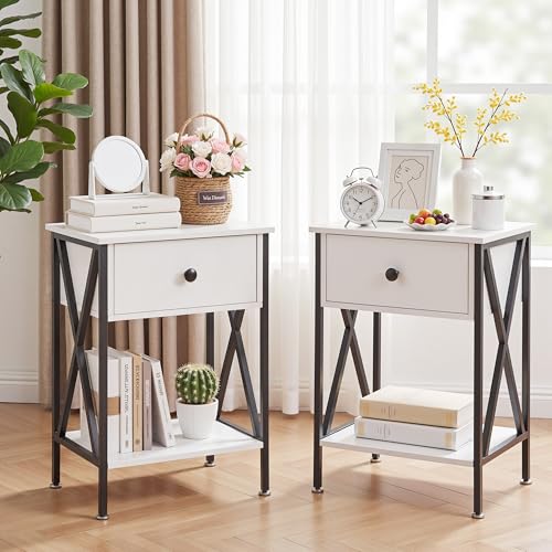 VECELO Bedside Tables Set of 2, Night Stands with Drawer and Storage Shelf for Living Room Bedroom, X-Shape Legs and Water-Proof Surface