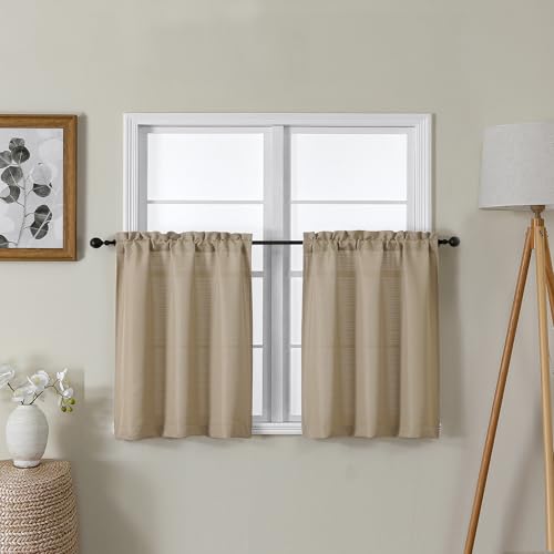 Lecloud Bessie Camel Kitchen Curtains 24 Inch Length 2 Pcs, Light Filtering Faux Linen Textured Cafe Short Curtains, Window Treatments Tiers Curtain for Bedroom Living Room, Each 30 W x 24 L