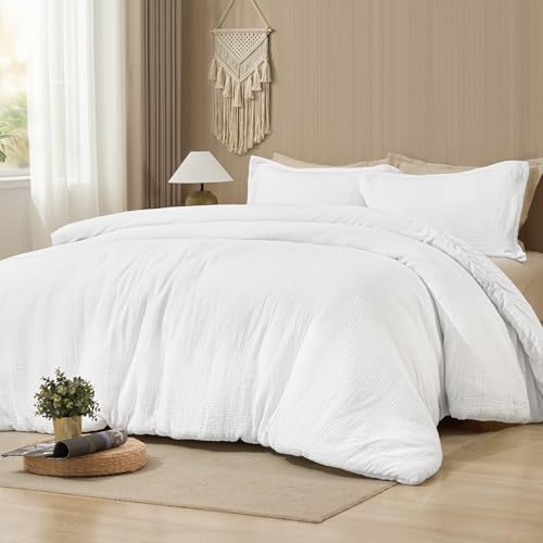 "PHF Cotton Muslin Comforter Set King ??? 100% Cotton Cover, Ultra Soft & Breathable, 3PCS Lightweight All-Season Bedding with Polyester Fill, 1 Comforter 104""x90"" & 2 Pillow Shams 20""x36"", White"