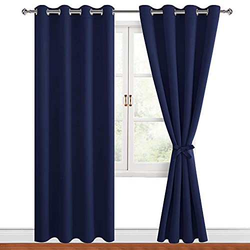 Hiasan Blackout Curtains for Bedroom, 52 x 96 Inches Long - Thermal Insulated & Light Blocking Window Curtains for Living Room/Kids Room, 2 Drape Panels Sewn with Tiebacks, Navy Blue