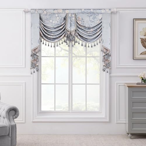Loom and Mill Luxury Jacquard Waterfall Valance for Living Room Bedroom, Elegant European Floral Swag Window Valances with Tassels, Blue Grey Swag Curtains for Banquet Holiday Decor(W59Inch,1 Panel)