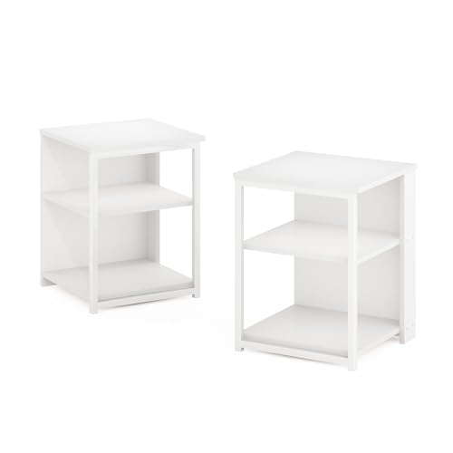 Furinno CAMNUS Side Table Set of 2, 2-Tier Modern Metal Frame End Table with Open Shelf, Night Stand, Bedside Table, for Living Room, Bedroom, Solid White