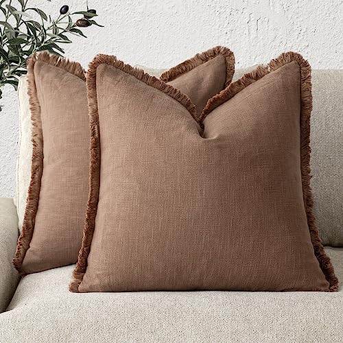 Foindtower Set of 2 Decorative Linen Fringe Throw Pillow Covers Cozy Farmhouse Boho Cushion Cover with Tassels Soft Accent Pillowcase for Couch Sofa Bed Living Room Home Decor 20×20 Inch Rust