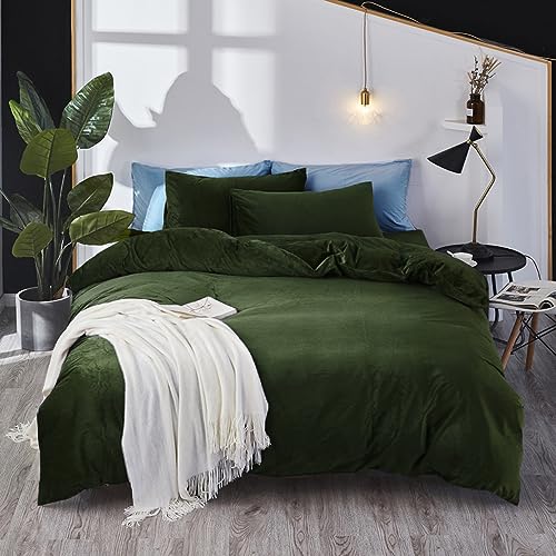 Pureant Army Green Velvet Comforter King Dark Green Fluffy Bedding Flannel